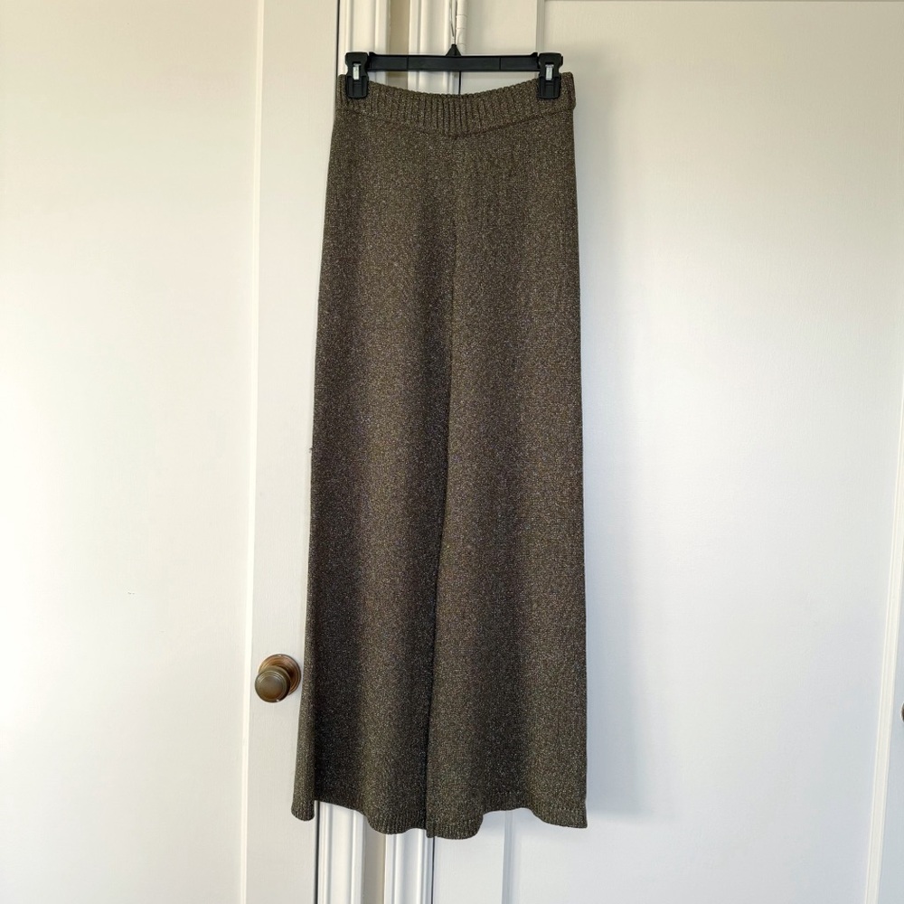 STAUD Brown Daisy Glitter Knit Stretch Flare Leg Pants